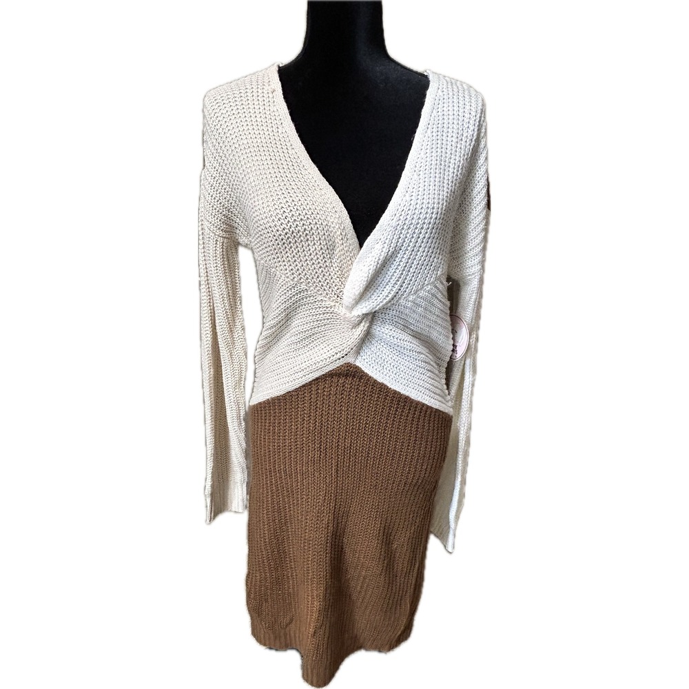 Crave Fame Two Way Twist Front Colorblock Sweater Dress White Brown RDAC1981MC